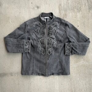 CHICO'S Platinum Denim Jacket Embroidered Beaded Paisley Front Zip Women Size 2
